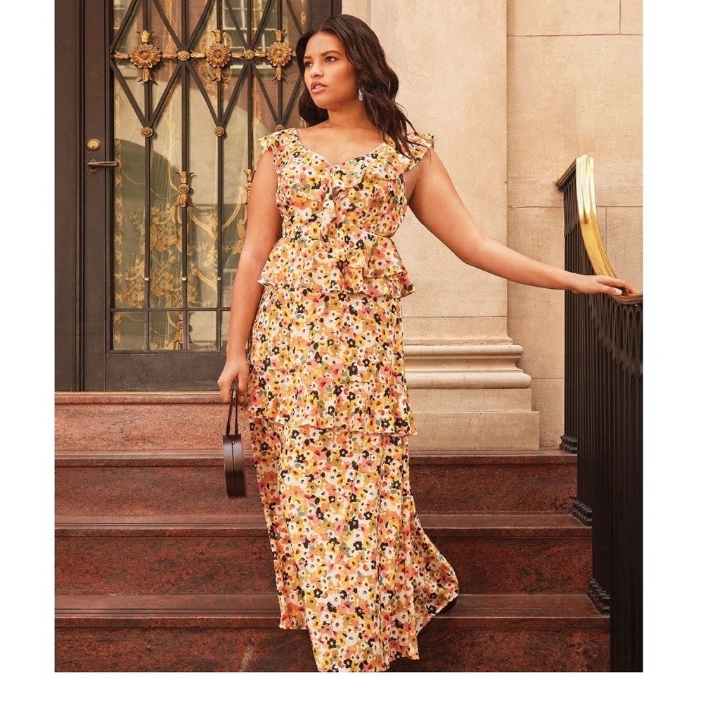 Eloquii Floral Ruffle Tiered Midi Dress Plus Size 20 Multicolor V-Neck Boho